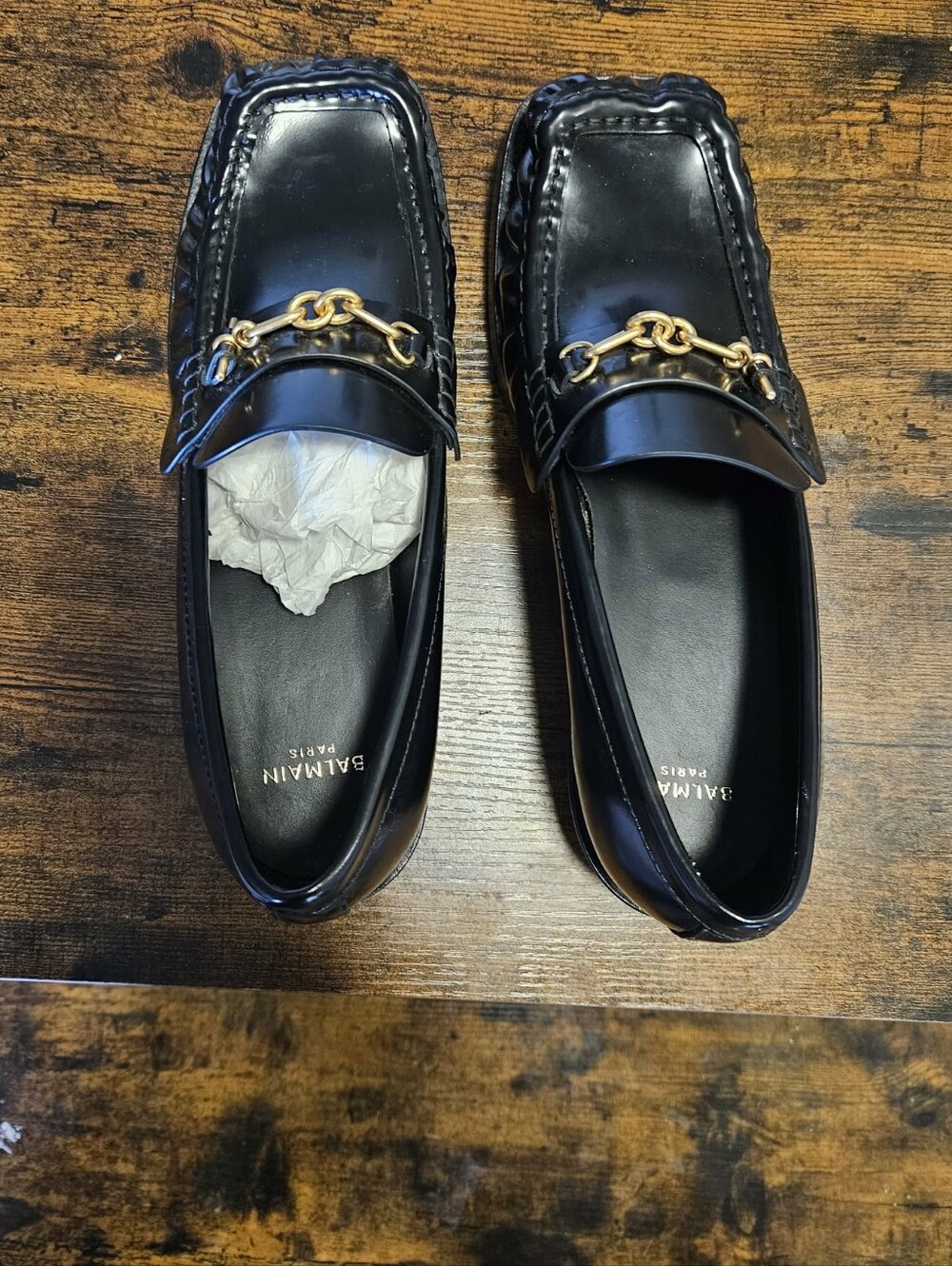 Balmain Black Leather Loafers with Gold Chain Trim